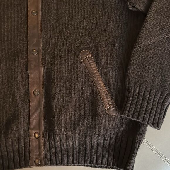 Gran Sasso Mens Wool Knit Jacket Sweater Trimmed in Genuine Leather. Size 54 IT. - Picture 3 of 9